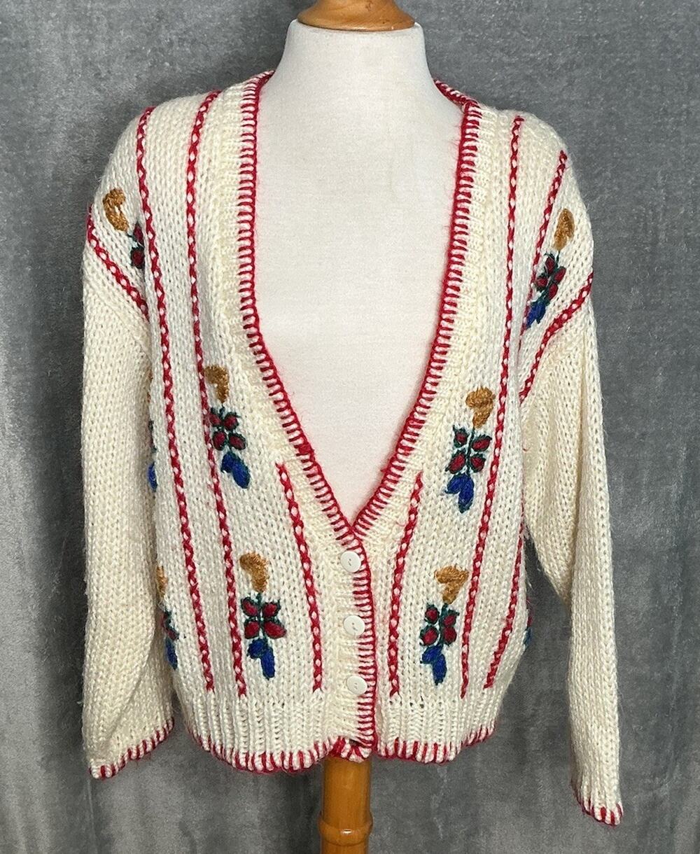 Vtg L.S.A Classic Hand Knit Embroidered Cardigan Sweater Women’s Small